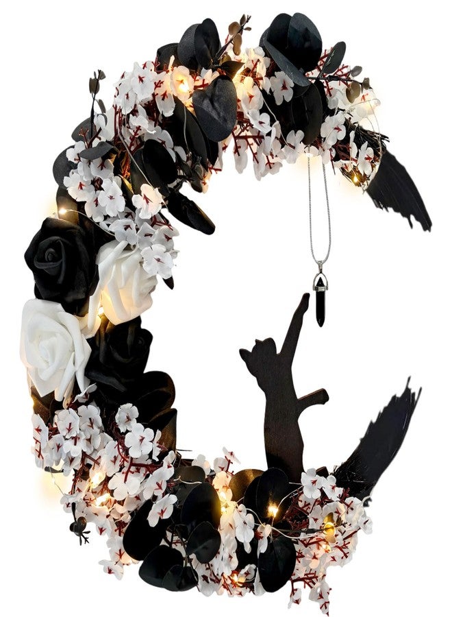 FSSODWT Halloween Wreaths For Front Door, Flower Moon Cat Halloween Home Decoration, Halloween Family Gathering Decoration Wreath，Outdoor, Wall, Closet, Fence, Wreath Halloween (Moon Cat - White13.7in×9.8in) - Image 1